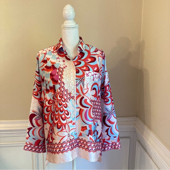 ZARA Satin Faux Silk Twill Red Pink Blue Paisley Scarf Print Button Up Shirt - Picture 9 of 10